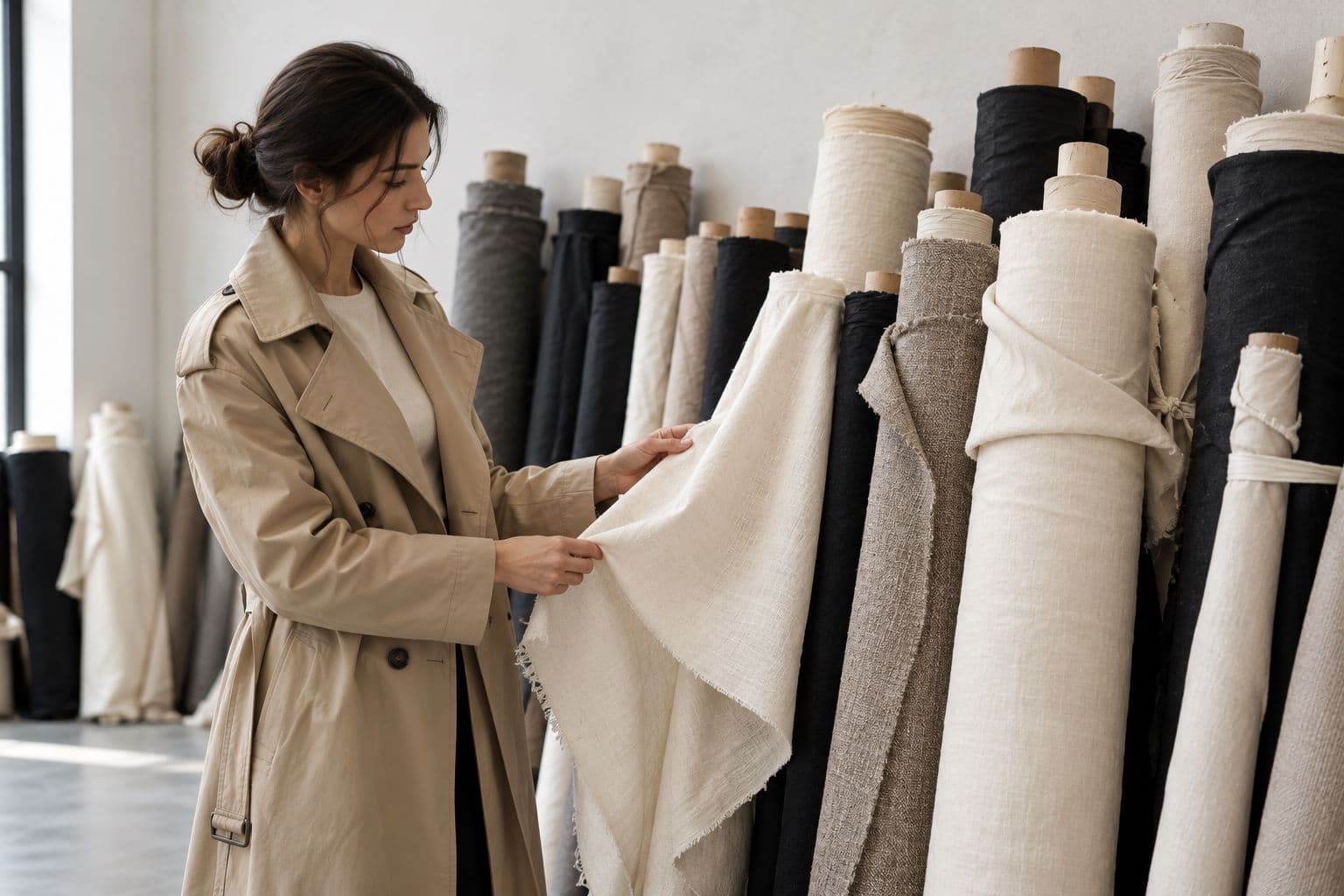 Fashion designer selecting and testing textile fabrics during R&D