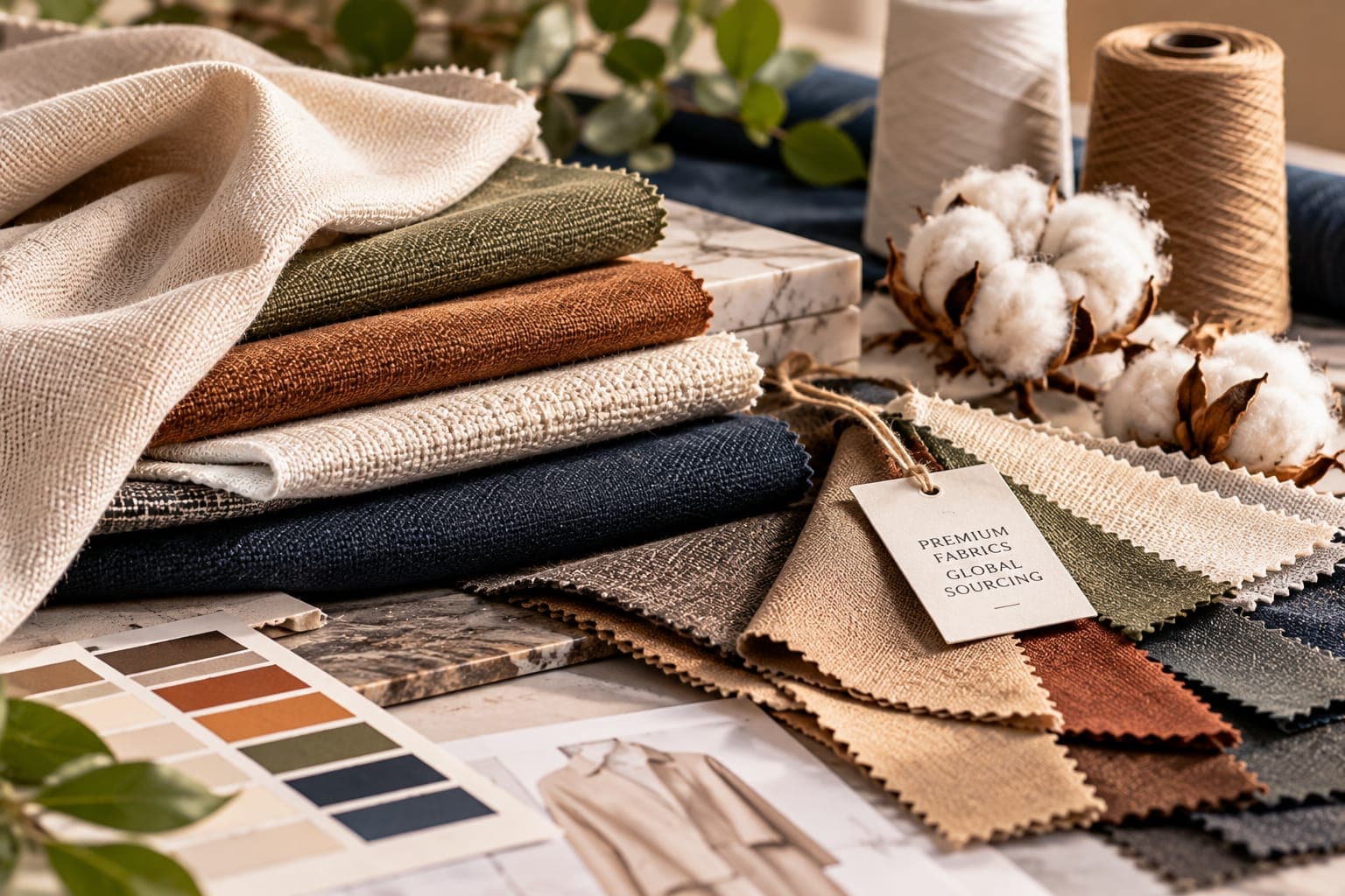 Textile samples and fabric swatches demonstrating varied weaves and textures