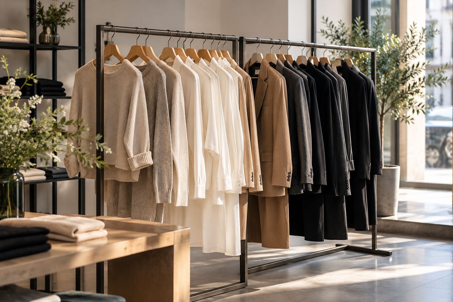 Neutral-tone finished apparel collection staged for distribution