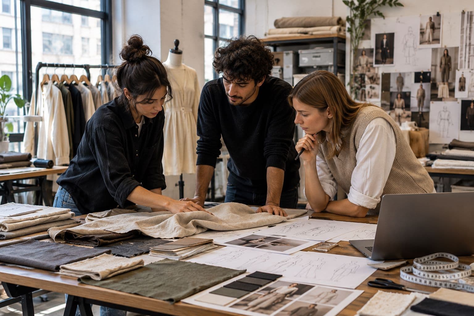 Creative fashion design team discussing garments and materials